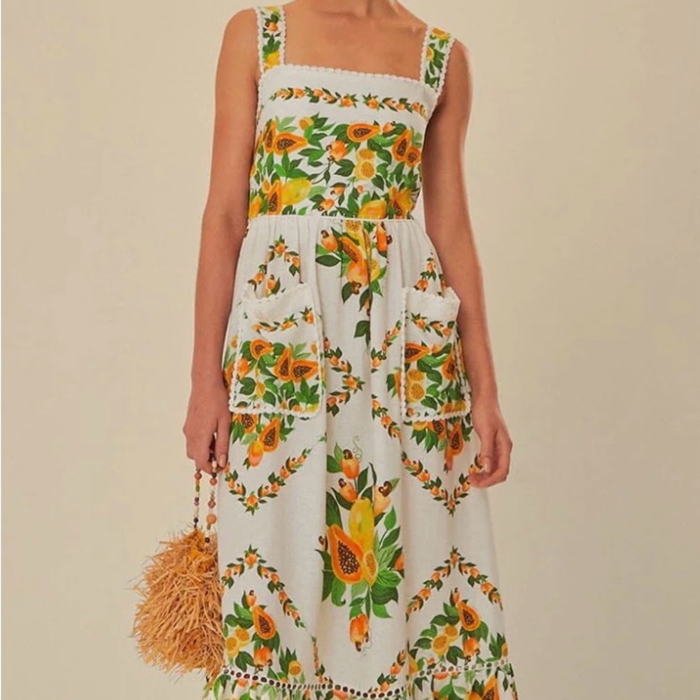 Farm Rio Papaya Salad Midi Sleeveless White Floral Sundress.